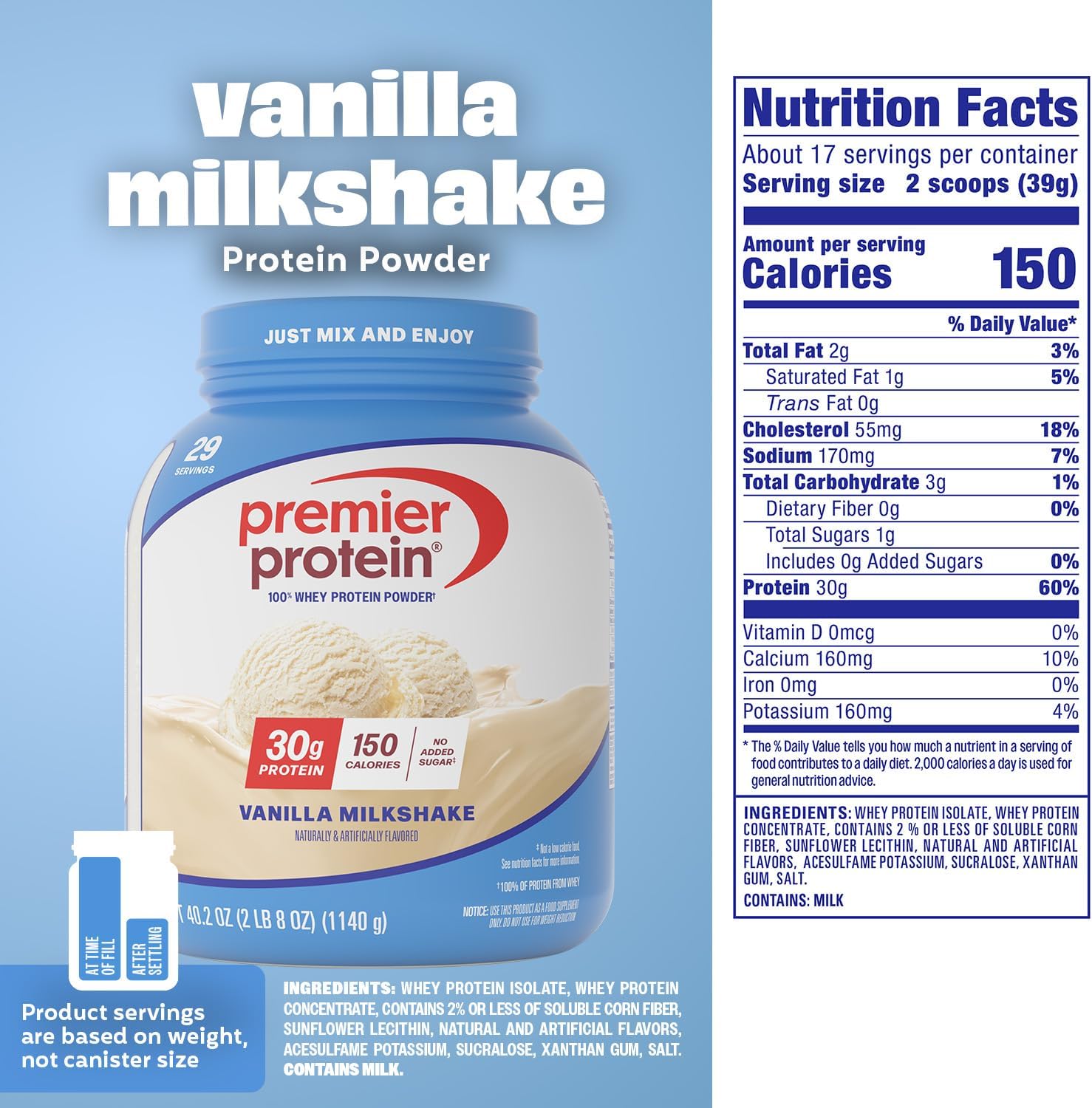 Premier Protein Powder, Vanilla Milkshake, 30g Protein, 1g Sugar, Gluten Free, - View 6