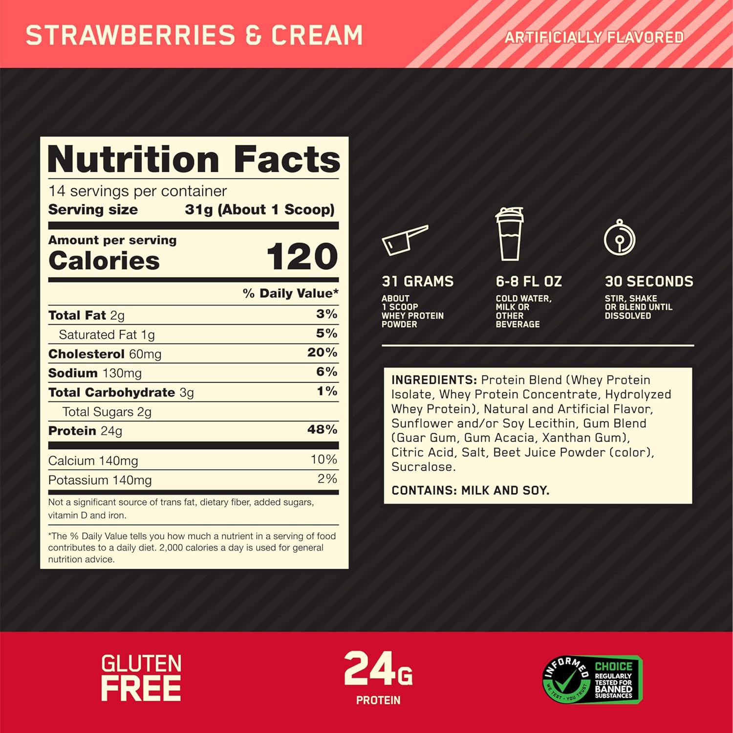 Optimum Nutrition Gold Standard 100% Whey Protein Powder, Strawberries and - View 3