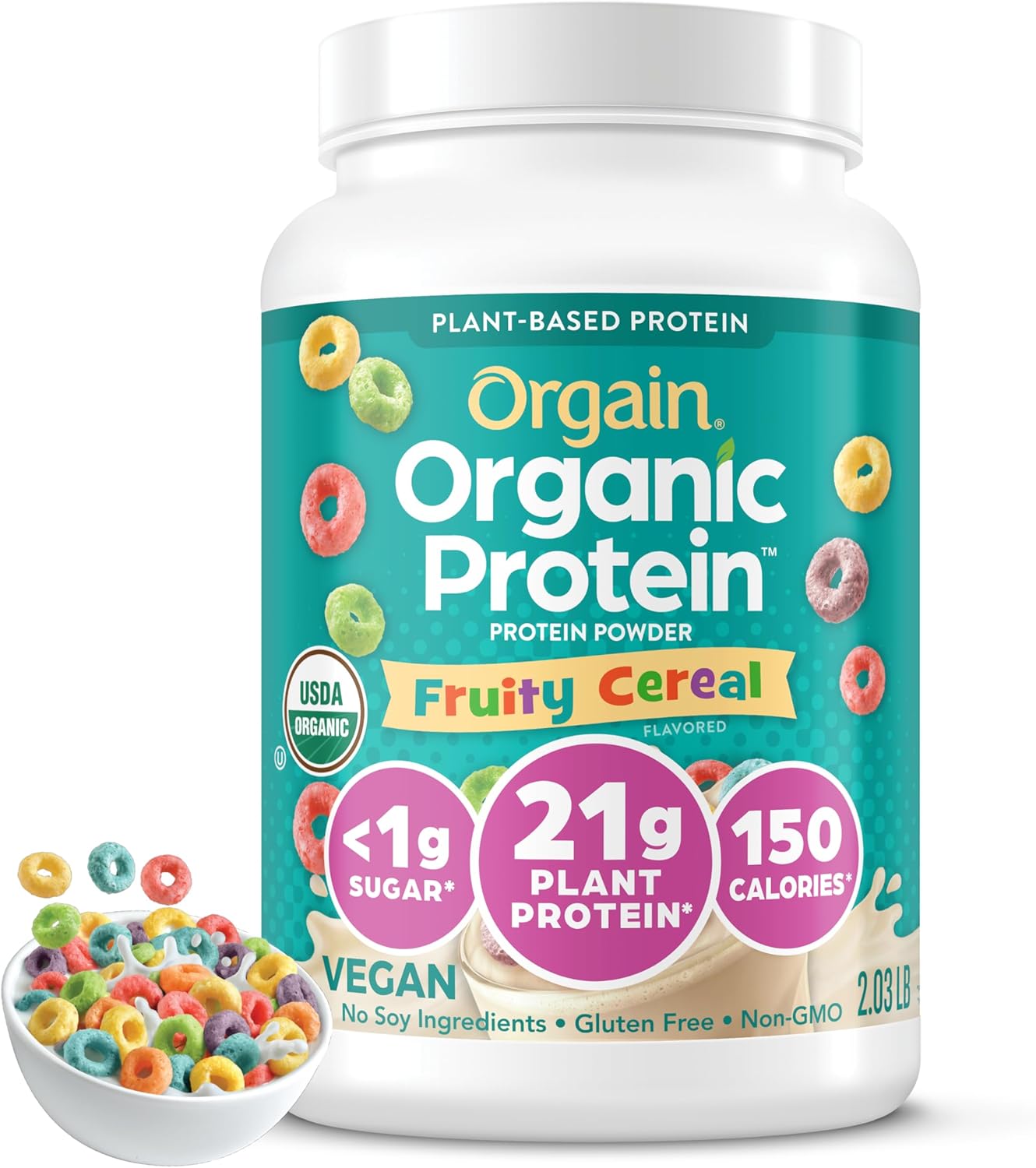 Orgain Organic Vegan Protein Powder, Fruity Cereal - 21g Plant Based Protein,