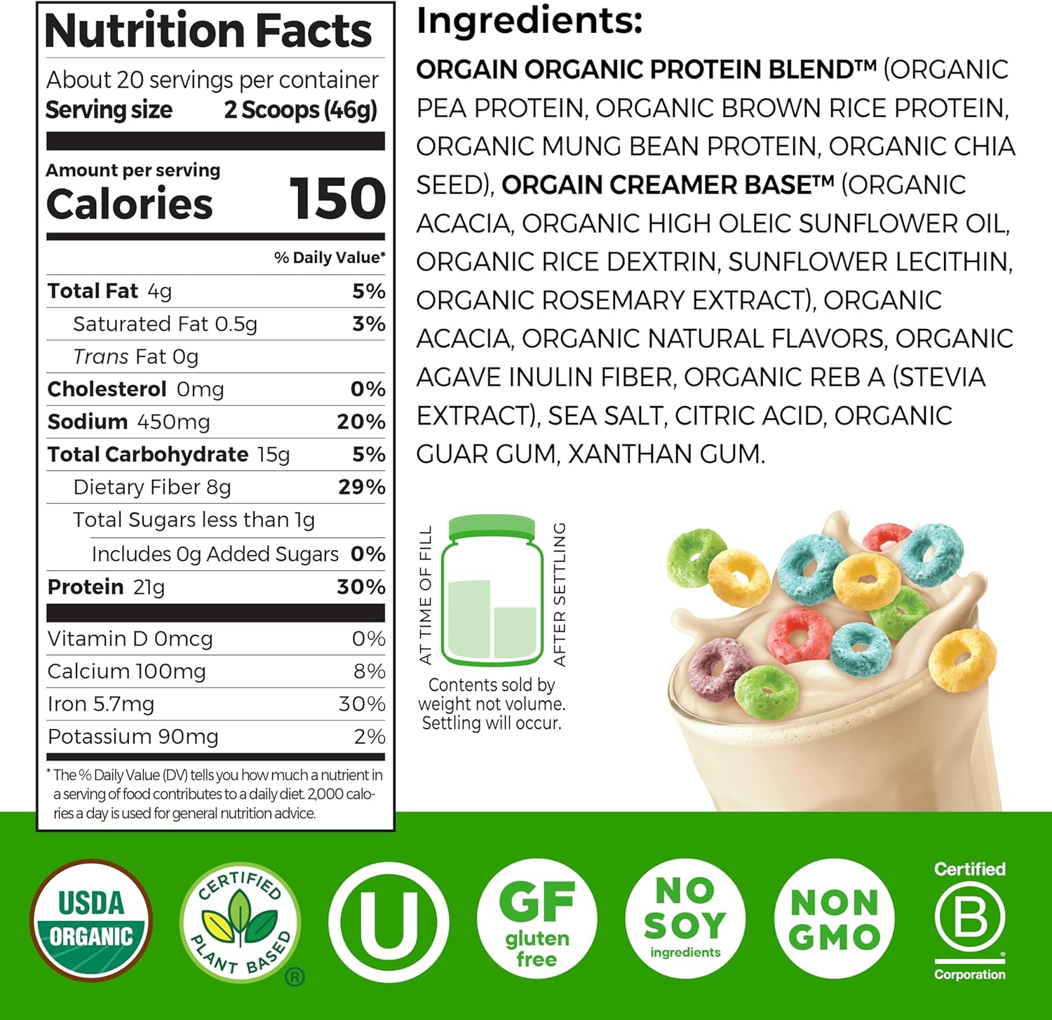 Orgain Organic Vegan Protein Powder, Fruity Cereal - 21g Plant Based Protein, - View 2