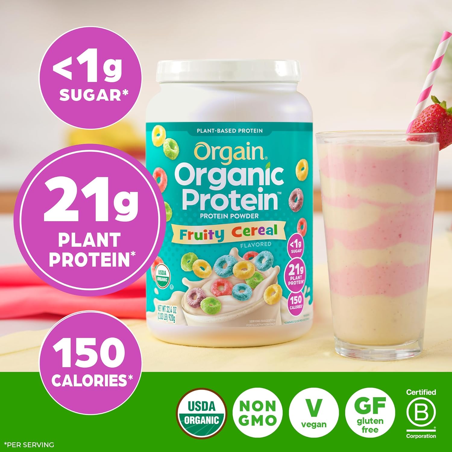 Orgain Organic Vegan Protein Powder, Fruity Cereal - 21g Plant Based Protein, - View 6
