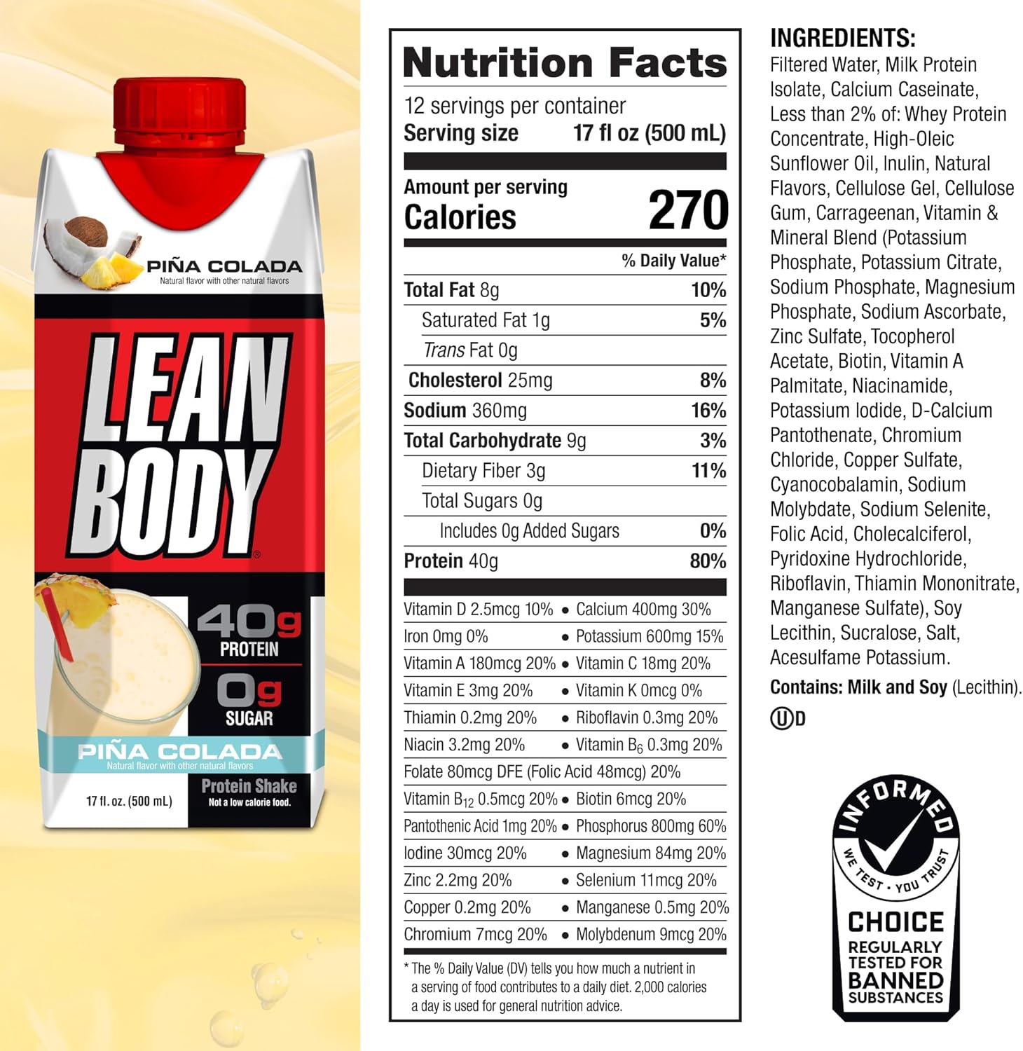 Lean Body Ready-to-Drink Pina Colada Protein Shake, 40g Protein, Whey Blend, 0 - View 6
