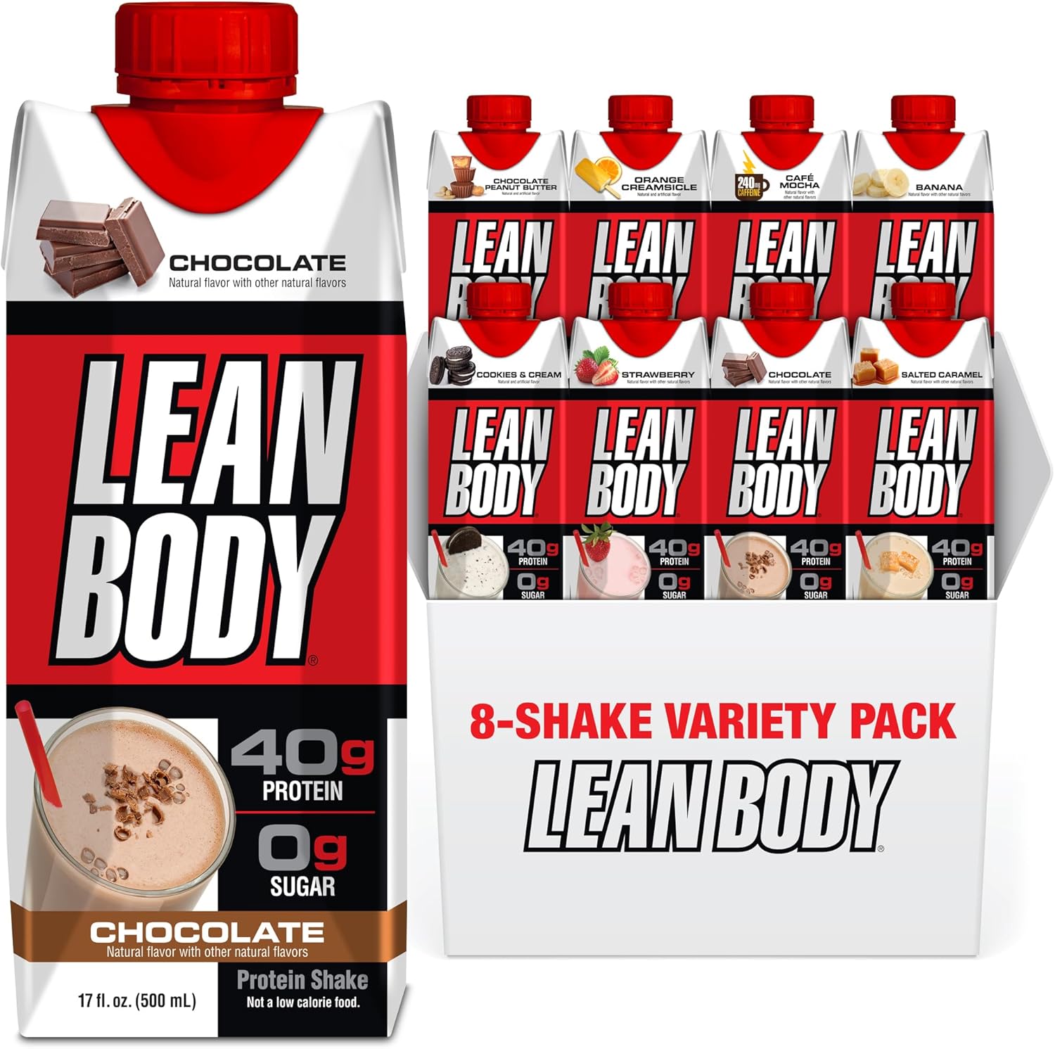 LEAN BODY 8 Flavor Variety Pack, 40g Protein, Zero Sugar, 24 Vitamins &