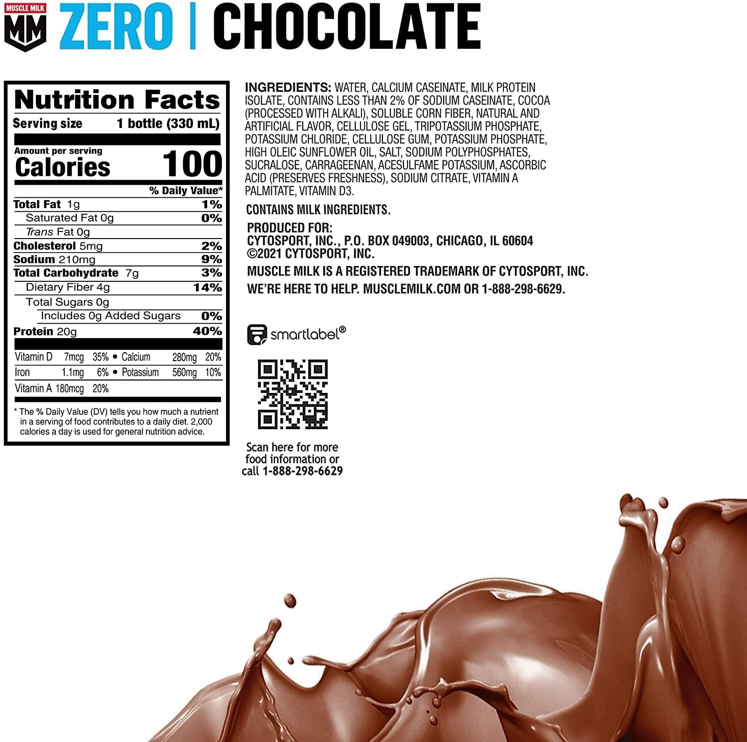 Muscle Milk Zero Protein Shake, Chocolate,20g Protein, Zero Sugar, 100 - View 2