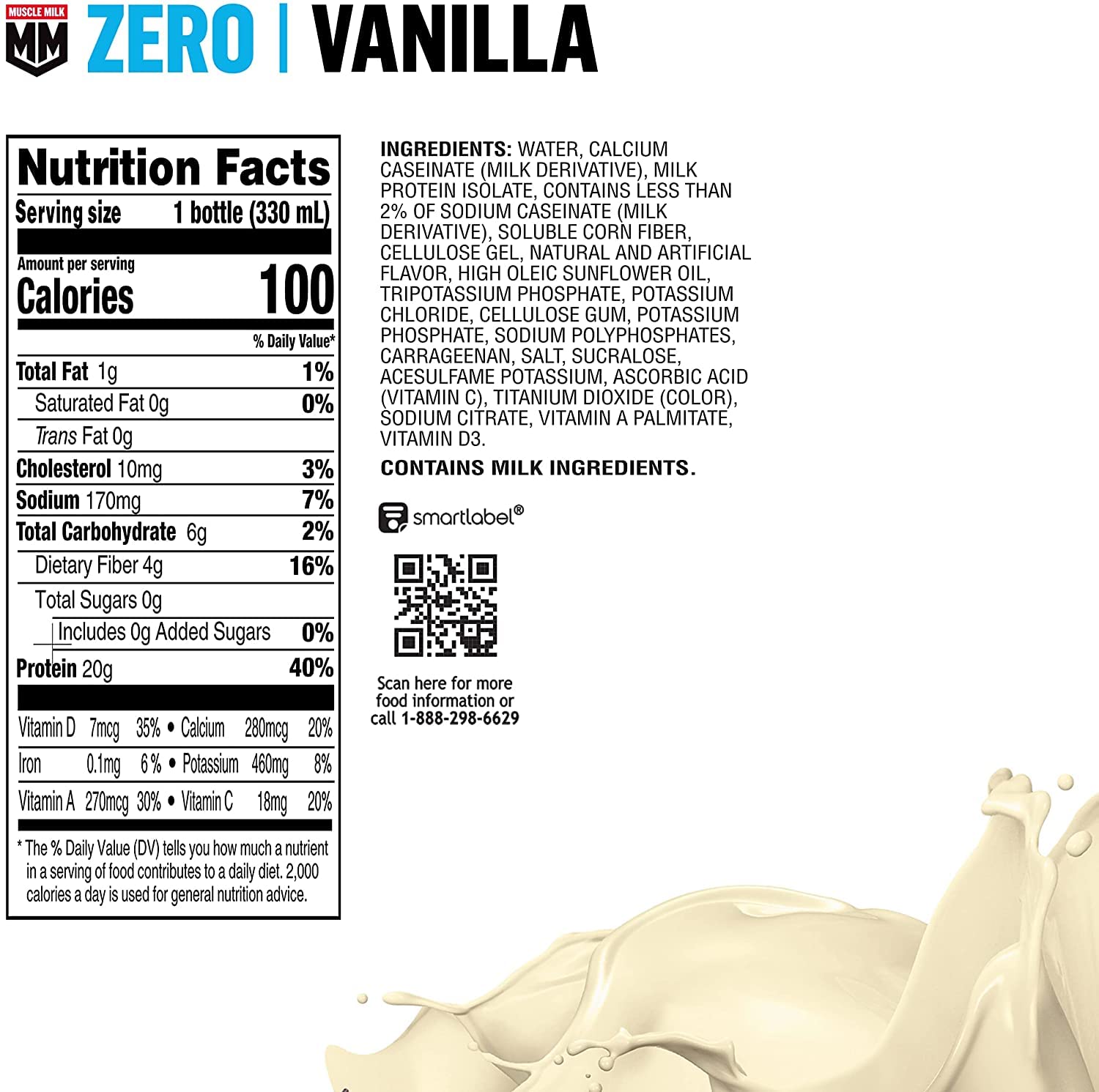 Muscle Milk Zero Protein Shake,Vanilla Crème,20g Protein,Zero Sugar,100 - View 2