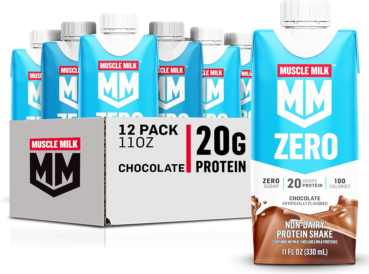 Muscle Milk Zero Protein Shake, Chocolate, 11 Fl Oz Carton, 12 Pack, 20g