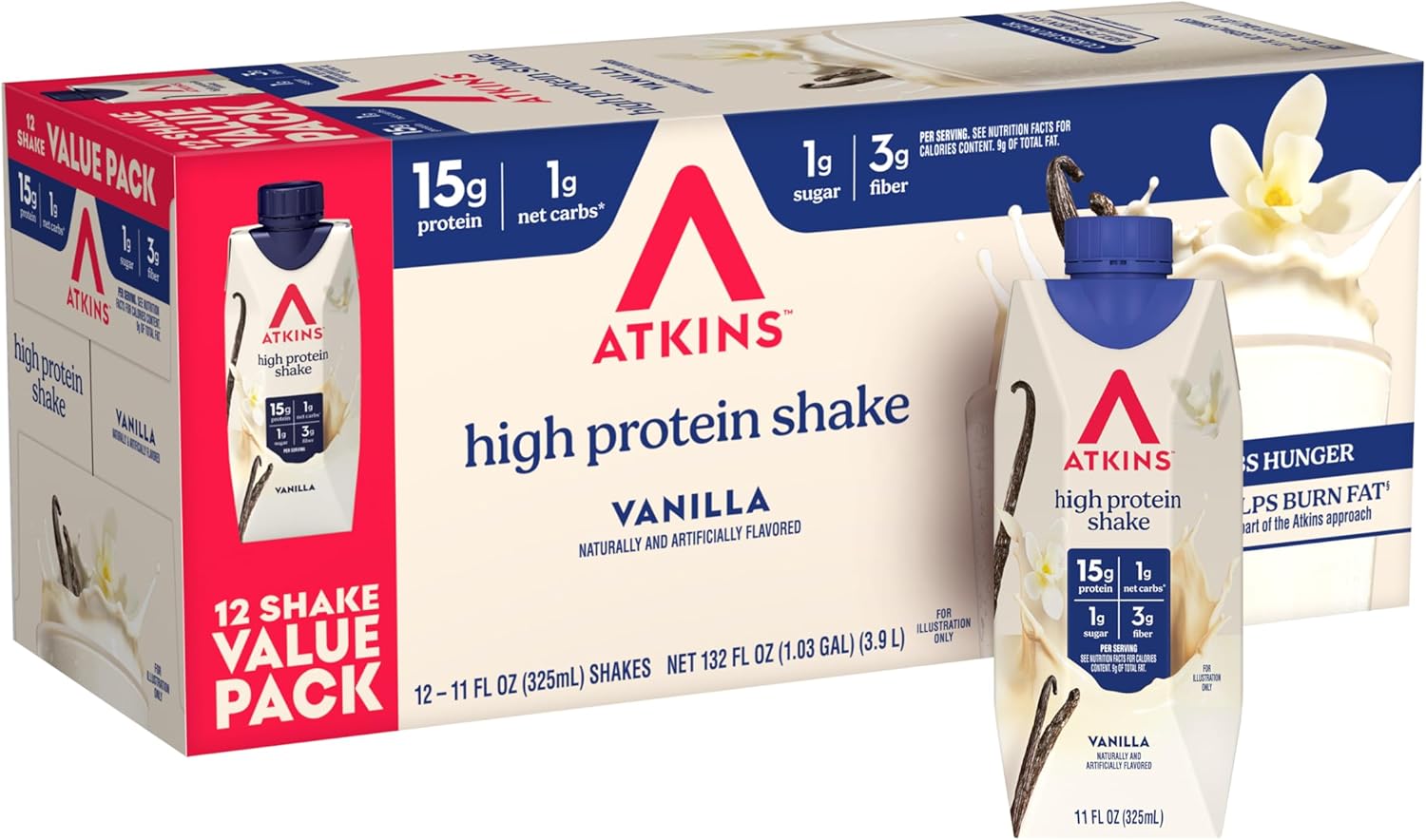 Atkins Vanilla High Protein Shake, 15g Protein, Low Glycemic, Low Carb and Low