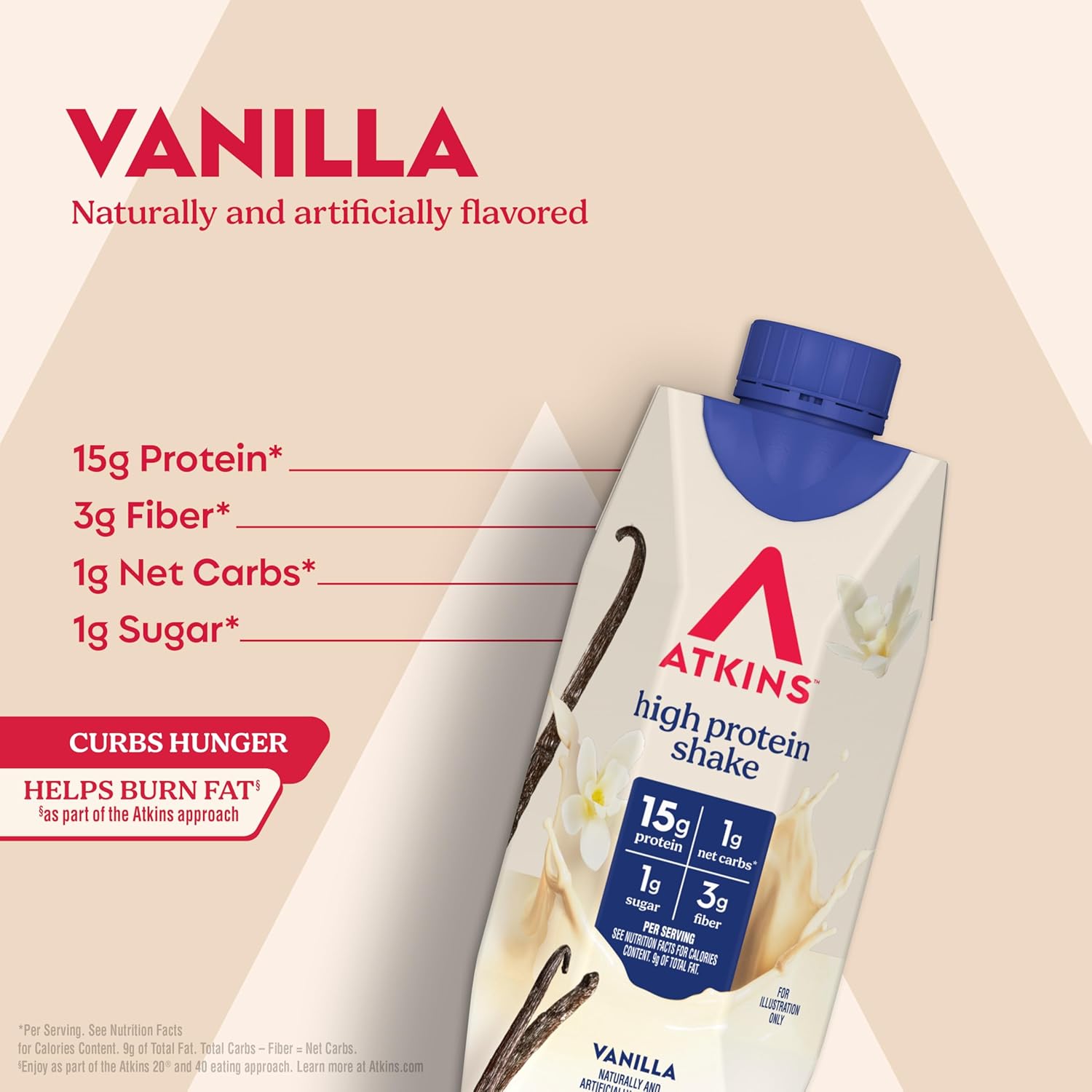 Atkins Vanilla High Protein Shake, 15g Protein, Low Glycemic, Low Carb and Low - View 3