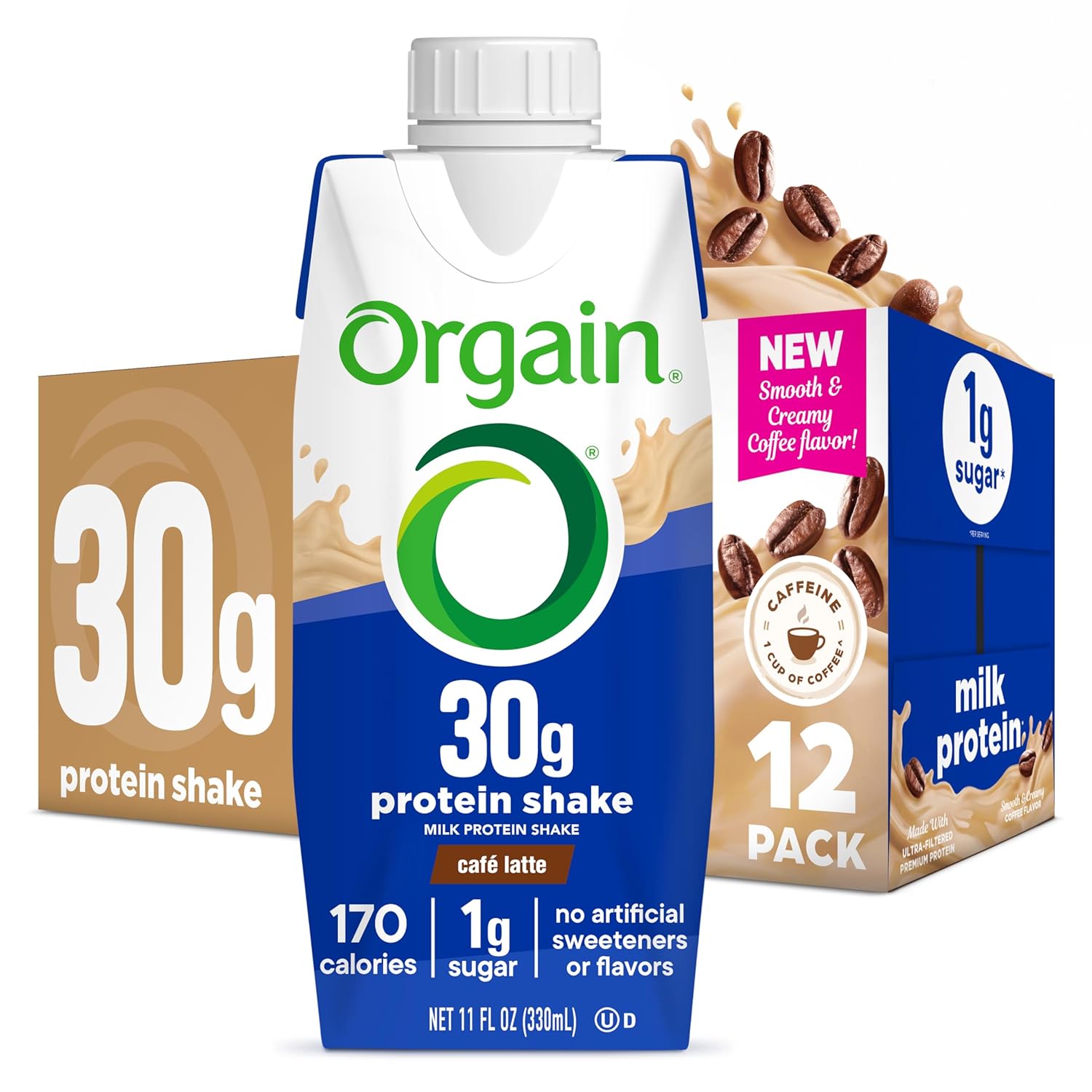 Orgain 30g High Protein Shake, Café Latte, 5g BCAAs, 1g Sugar Per Serving,