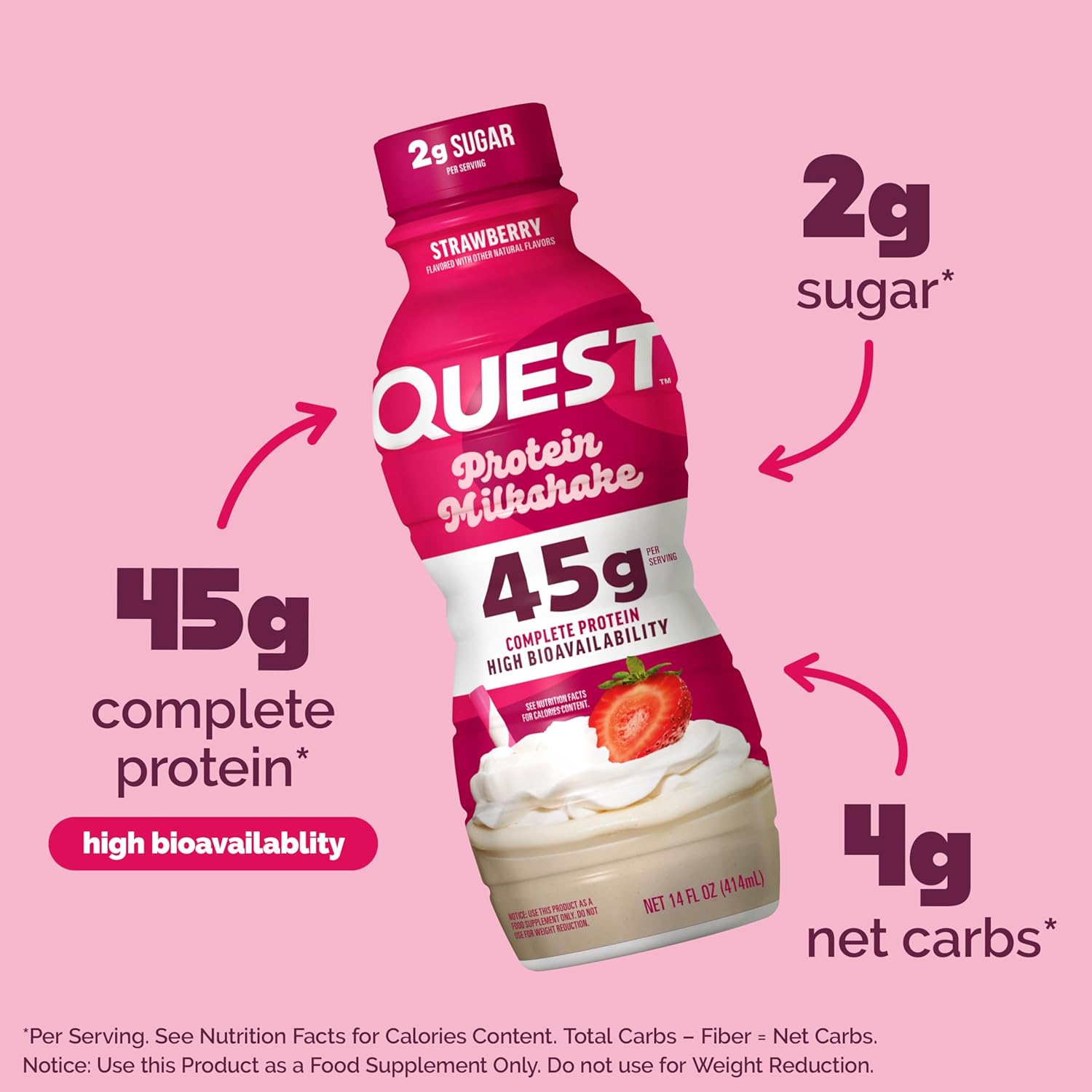 Quest Nutrition Strawberry Protein Shake, 45g Protein, 2g Sugar, 4g Net Carbs, - View 2