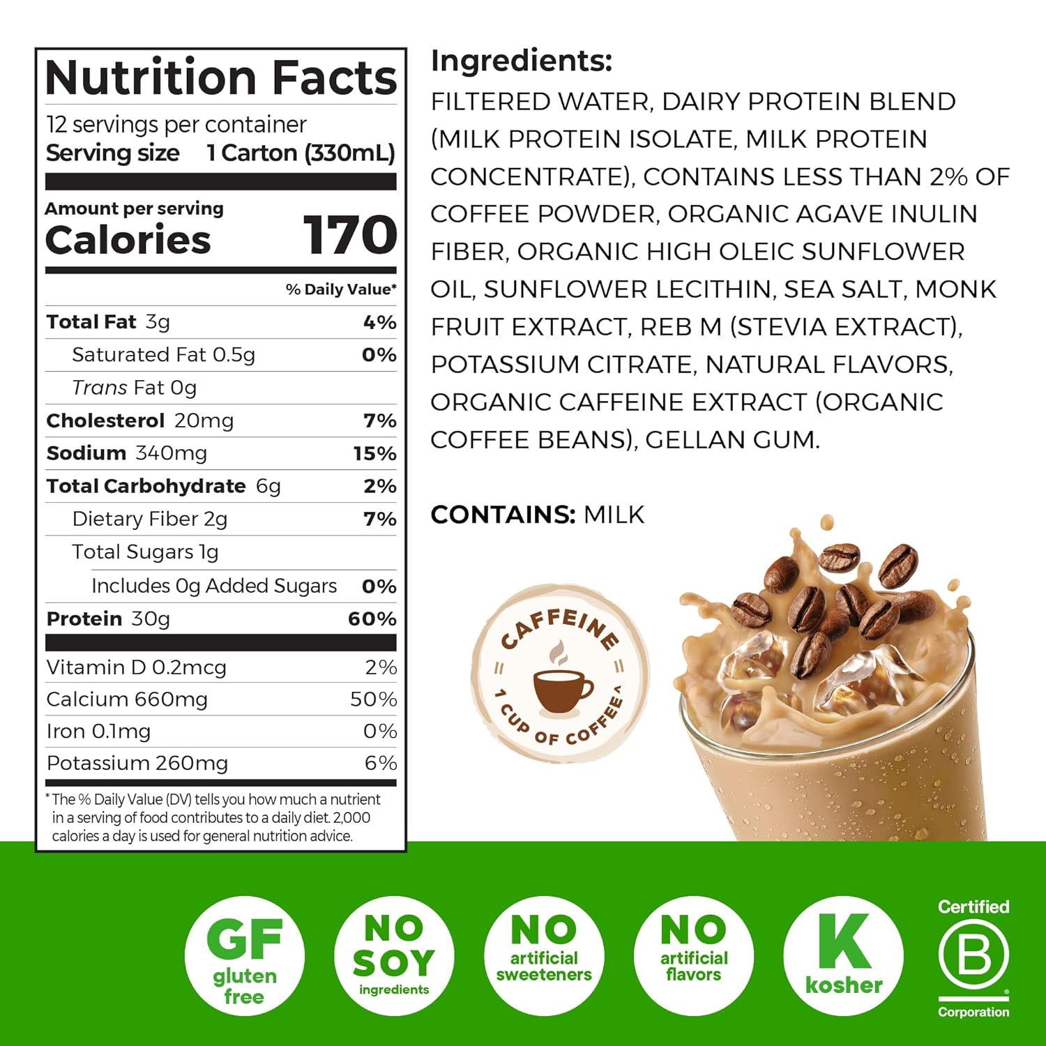 Orgain 30g High Protein Shake,Café Latte,5g BCAAs,1g Sugar Per Serving,Caffeine - View 2