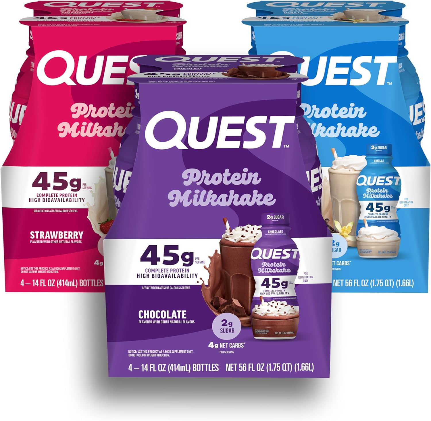 Quest Nutrition Protein Shake, Vanilla, Strawberry, & Chocolate, 45g Protein,