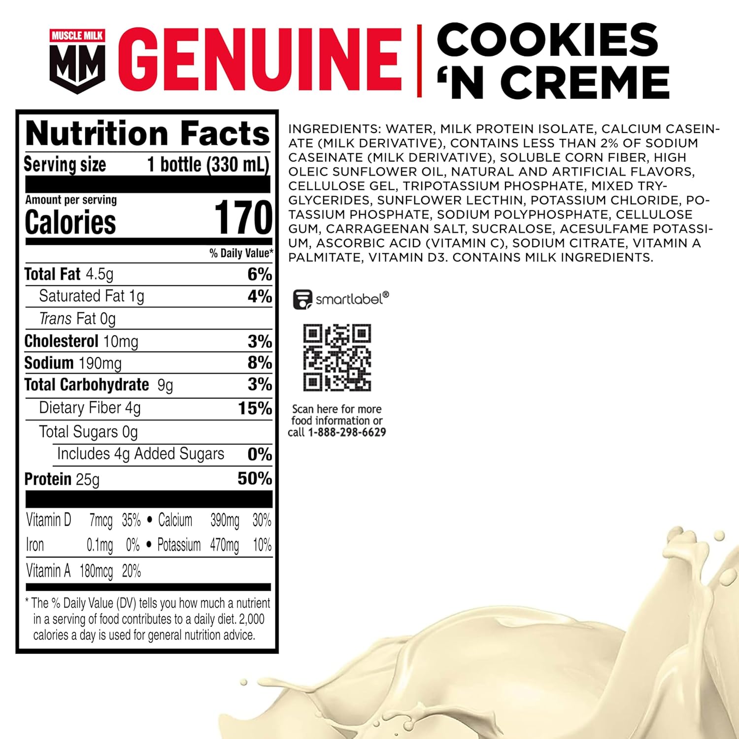 Muscle Milk Genuine Protein Shake, Cookies and Creme, 11.16 Fl Oz Bottle, 12 - View 2