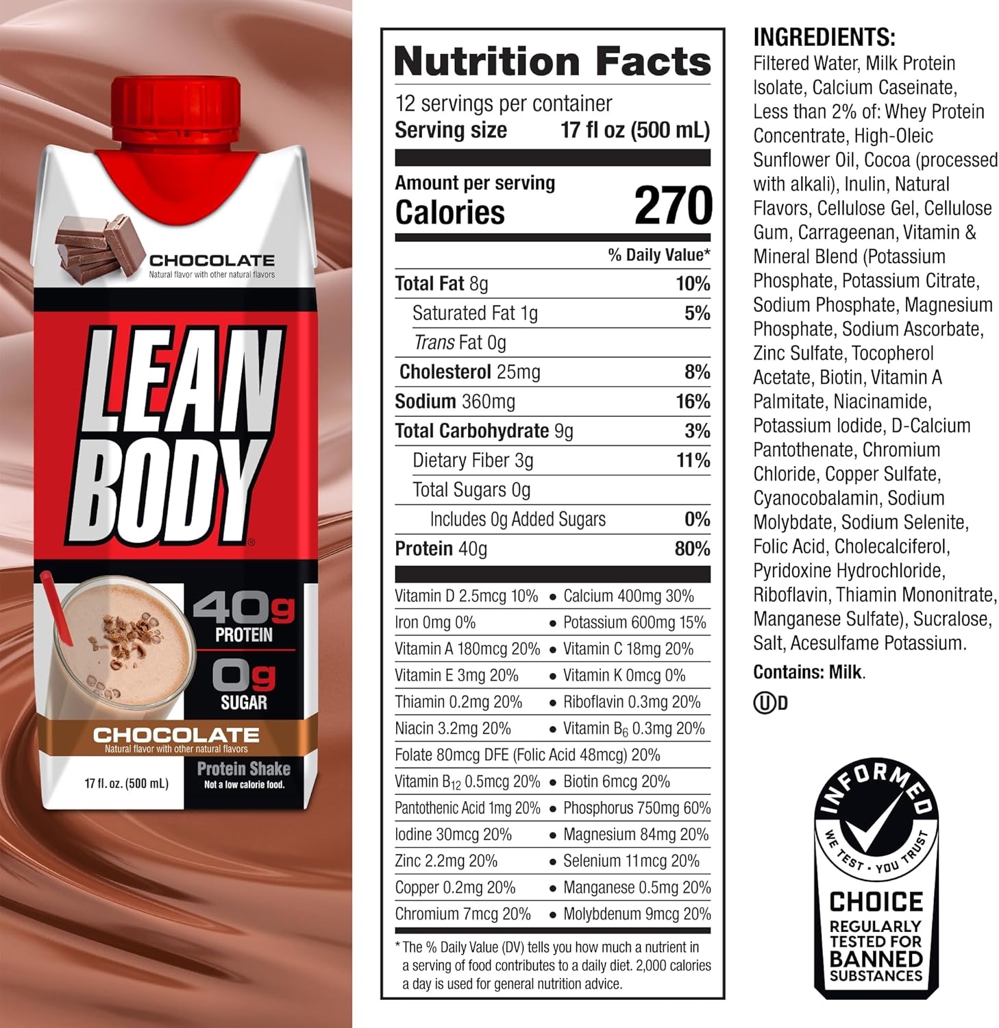 Labrada Lean Body Ready-to-Drink Chocolate Protein Shake, 40g Protein, Whey - View 6